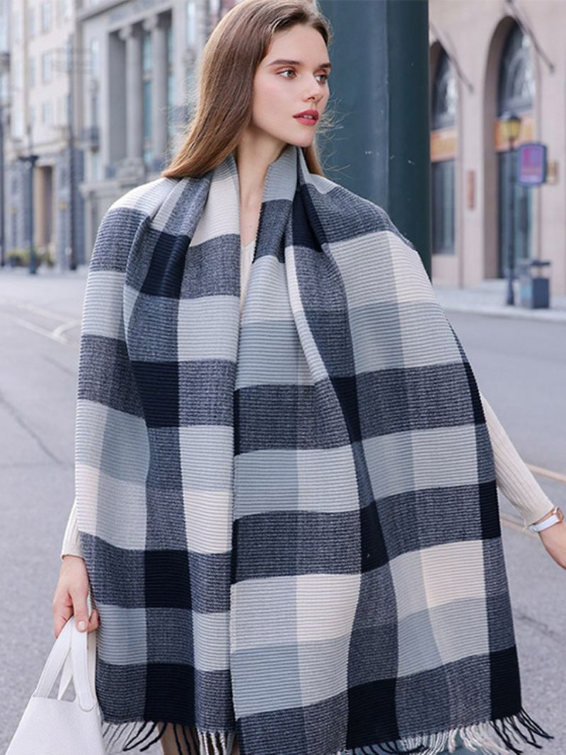 Ribbad Plädscarf Med Fransar Dagliga Casual Scarves För Höst Och Vinter - Deep Grey