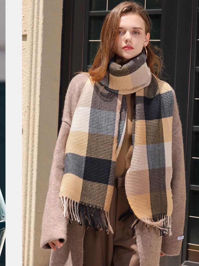 Ribbad Plädscarf Med Fransar Dagliga Casual Scarves För Höst Och Vinter - Choklad