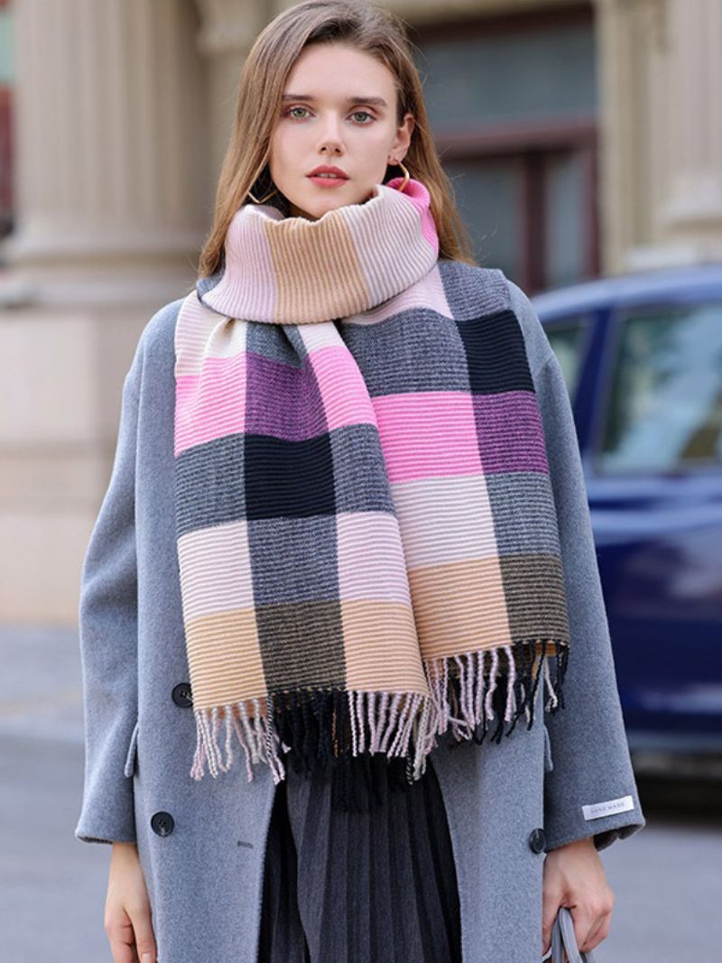 Ribbad Plädscarf Med Fransar Dagliga Casual Scarves För Höst Och Vinter - Rosa