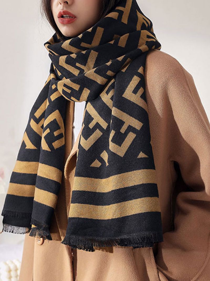 Scarf För Kvinnor Stripes Fringe Wool Black