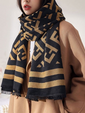 Scarf För Kvinnor Stripes Fringe Wool Black