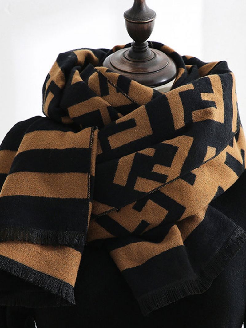 Scarf För Kvinnor Stripes Fringe Wool Black - Svart