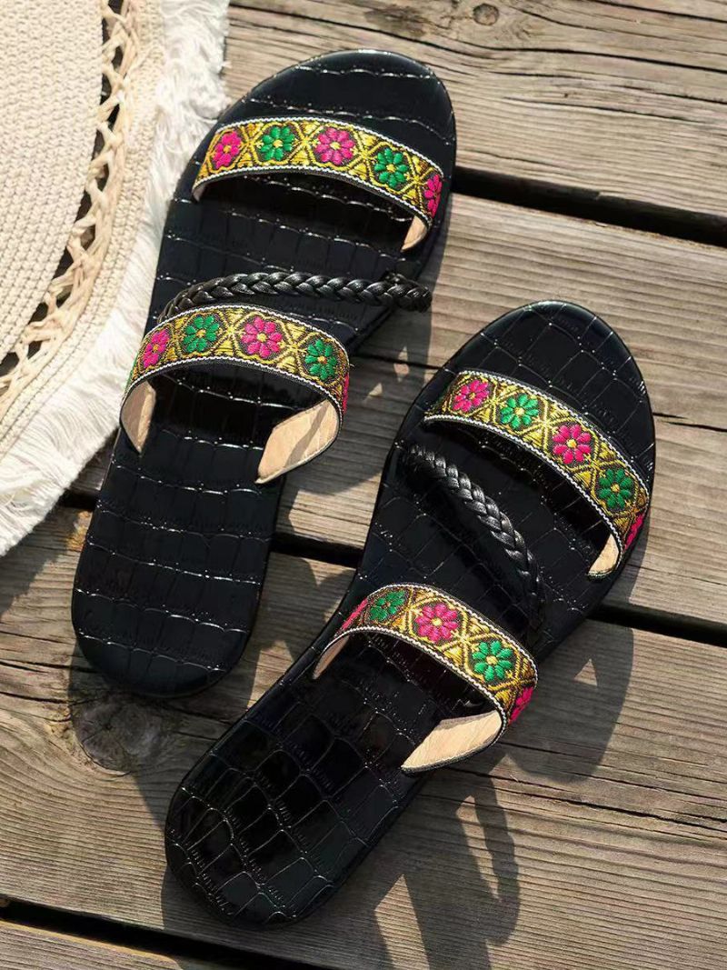 Boho Sandal Slides Dam Open Toe Platta Strandtofflor - Svart