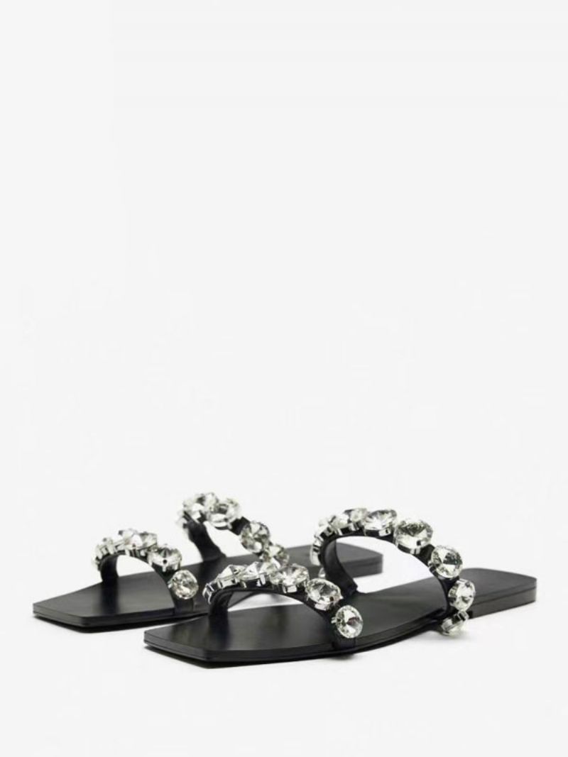 Dam Rhinestones Open Toe Pu Läder Slide Sandaler Flat Black