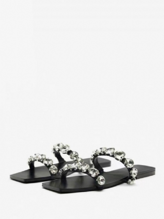 Dam Rhinestones Open Toe Pu Läder Slide Sandaler Flat Black