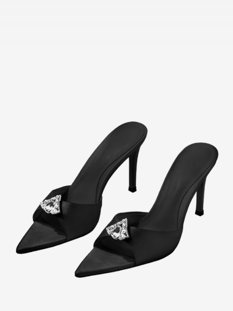 Dam Rhinestones Spetsig Tå Satin Slide Sandaler Stiletto Heel Svart