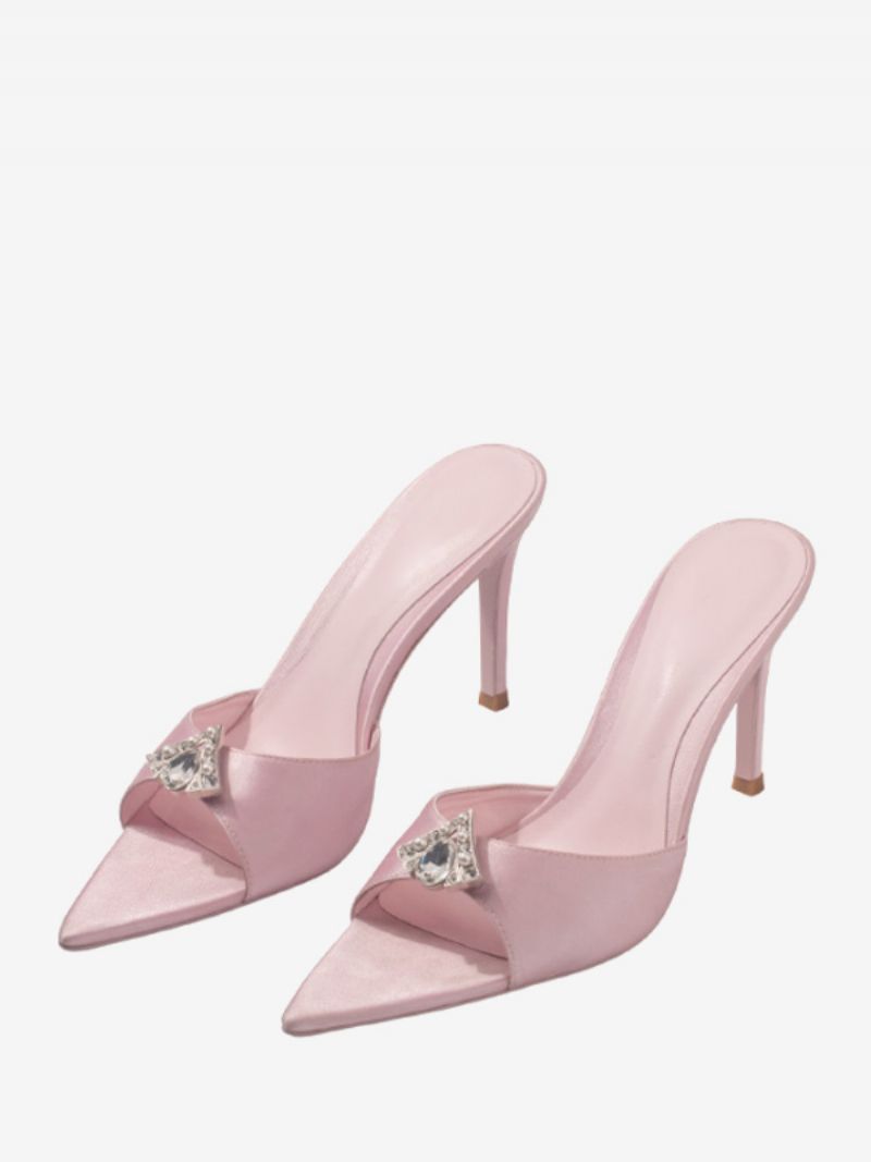 Dam Rhinestones Spetsig Tå Satin Slide Sandaler Stiletto Heel Svart - Rosa