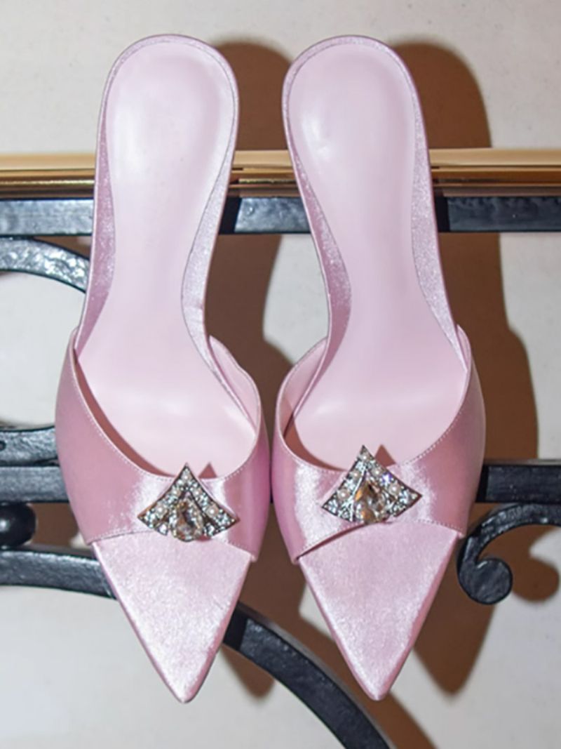 Dam Rhinestones Spetsig Tå Satin Slide Sandaler Stiletto Heel Svart - Rosa