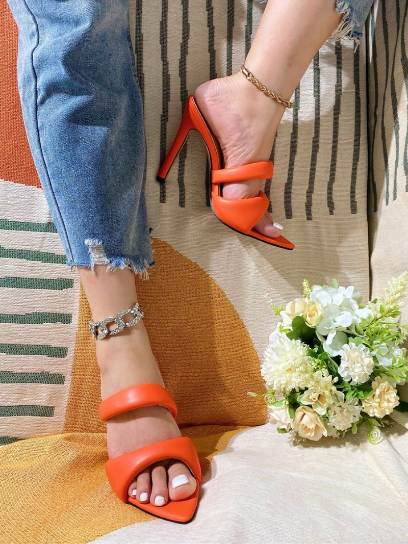 Dam Spetsad Tå Pu Läder Stiletto Heel Slide Sandaler Orange - Orange