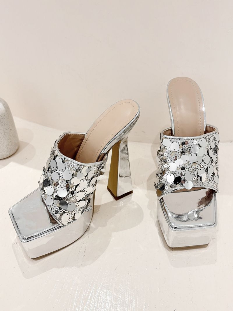 Dampaljetter Med Öppen Tå Pu Läder Slide Sandaler Chunky Heel Silver - Silver