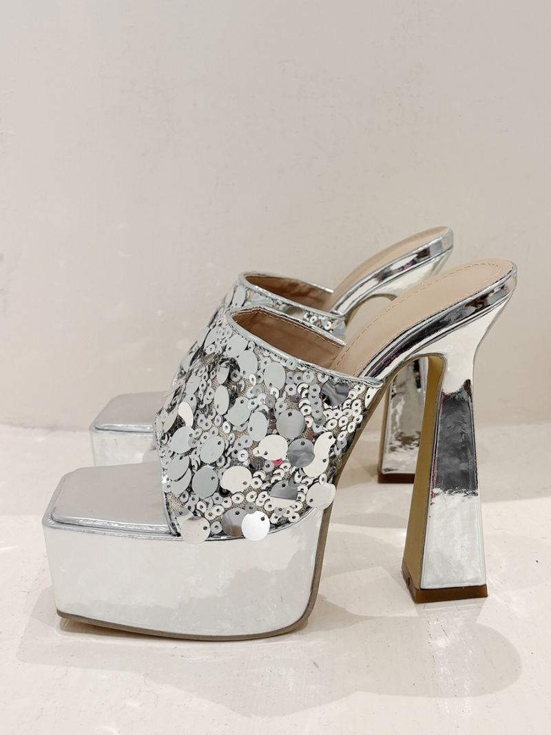 Dampaljetter Med Öppen Tå Pu Läder Slide Sandaler Chunky Heel Silver - Silver