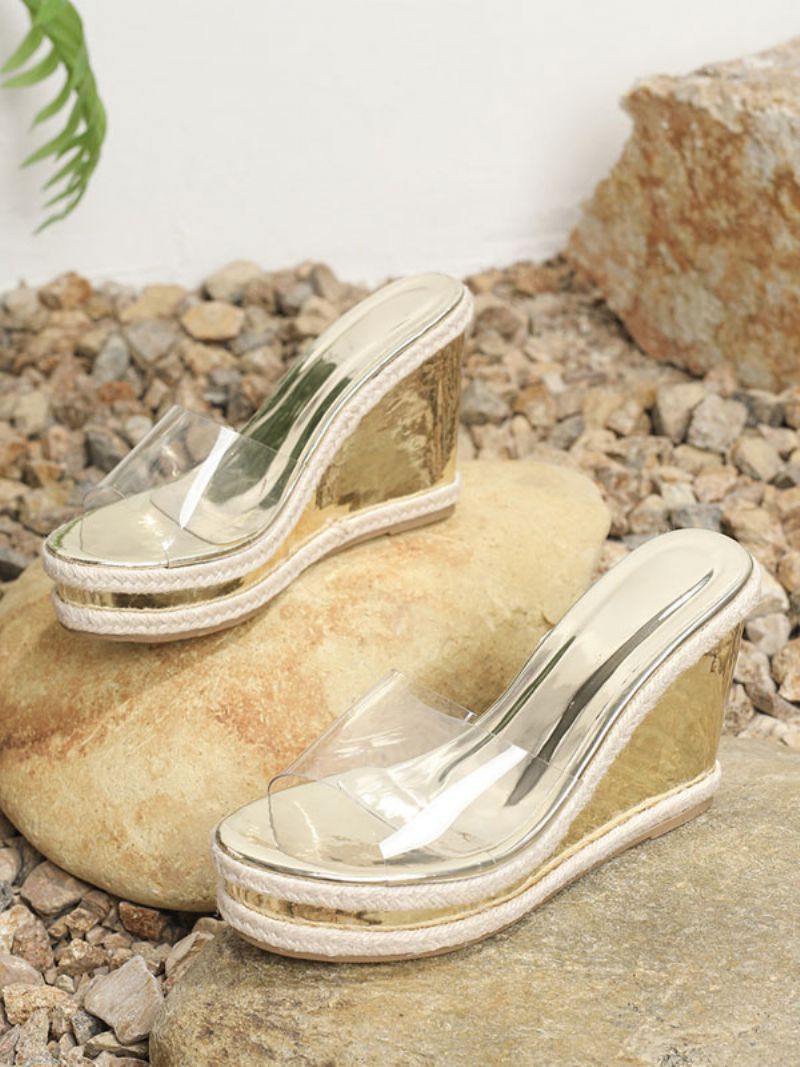 Damsandaler Chic Pvc Övre Peep Toe Kilklackatofflor - Guld