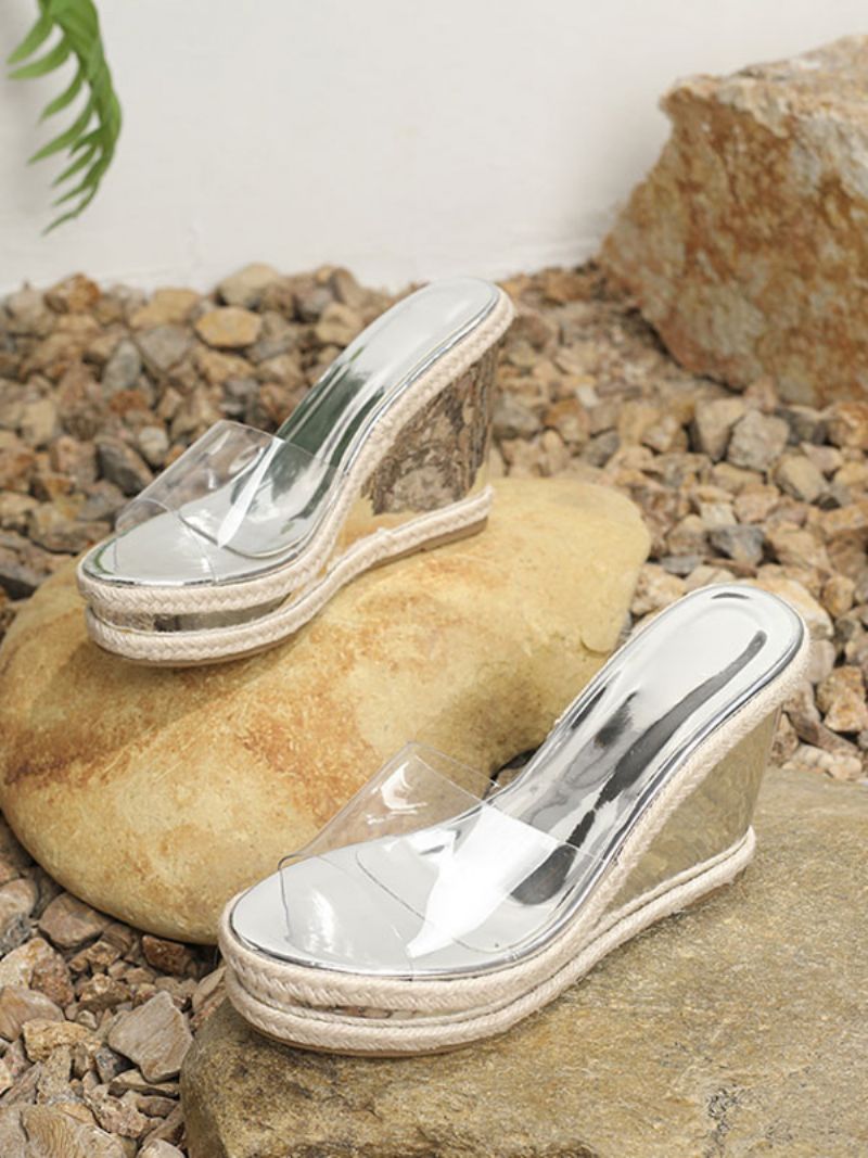 Damsandaler Chic Pvc Övre Peep Toe Kilklackatofflor - Silver