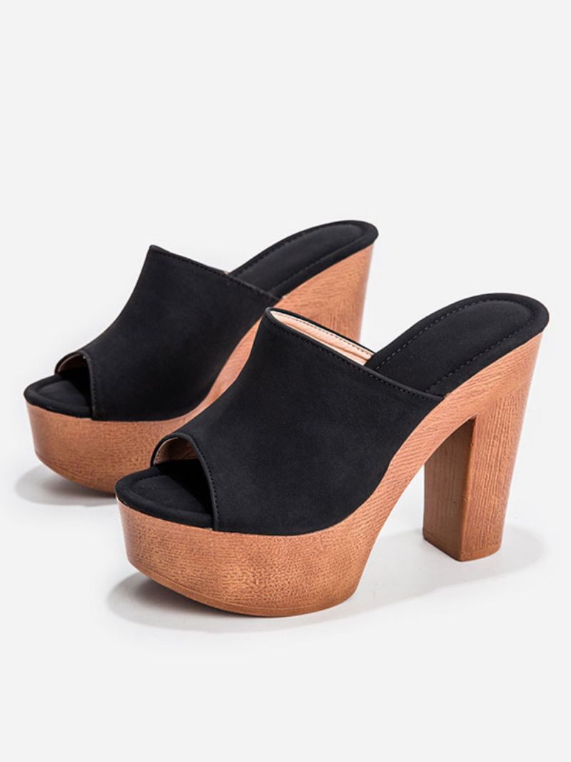 Damsandaler Terry Slide Open Toe Chunky Heel Slip-on Heeled Sandaler - Svart