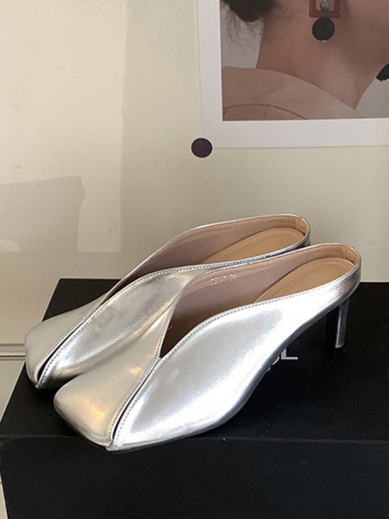 Kvinnors Metalliska Mulor Champagne Stiletto Heel Mules - Silver