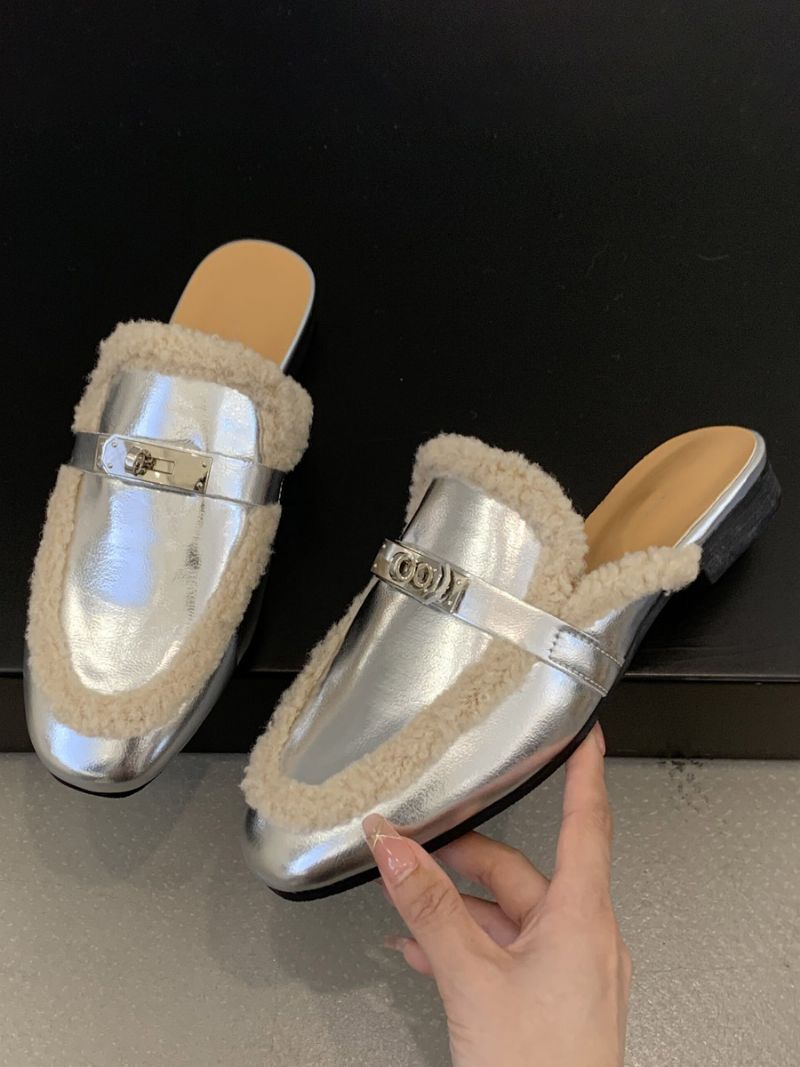 Kvinnors Mule Klackspänne Pu Läder Rund Toe Mules Flat - Silver