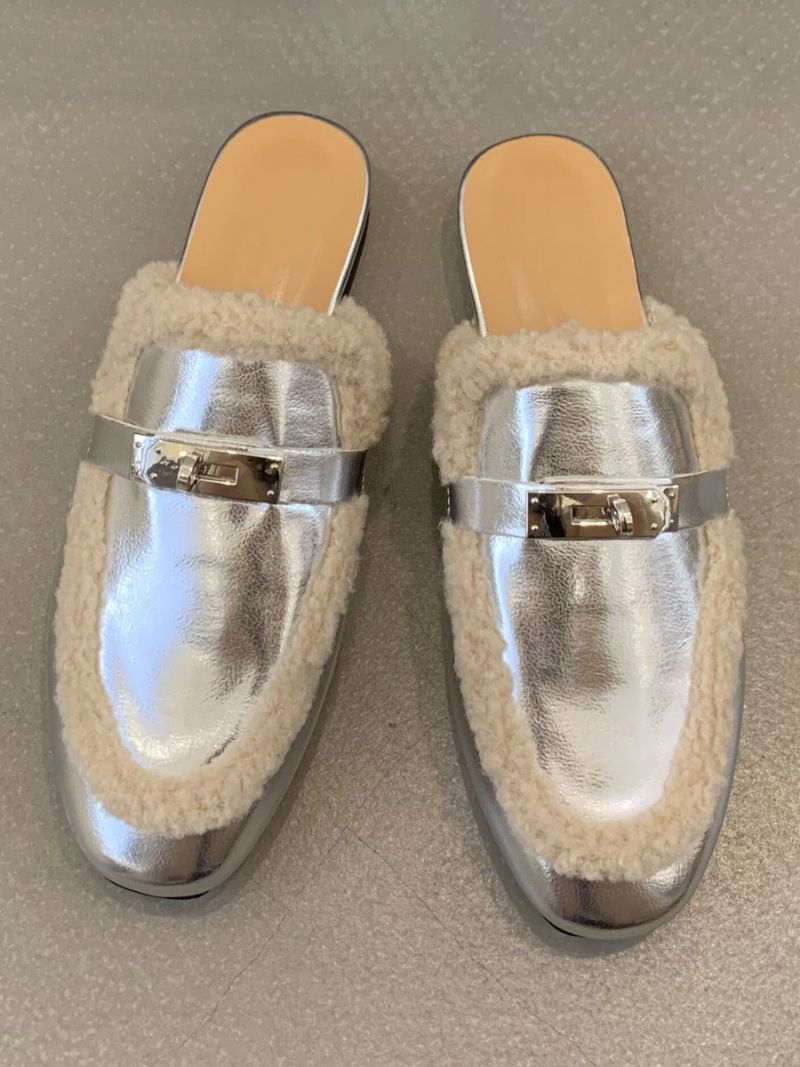 Kvinnors Mule Klackspänne Pu Läder Rund Toe Mules Flat - Silver