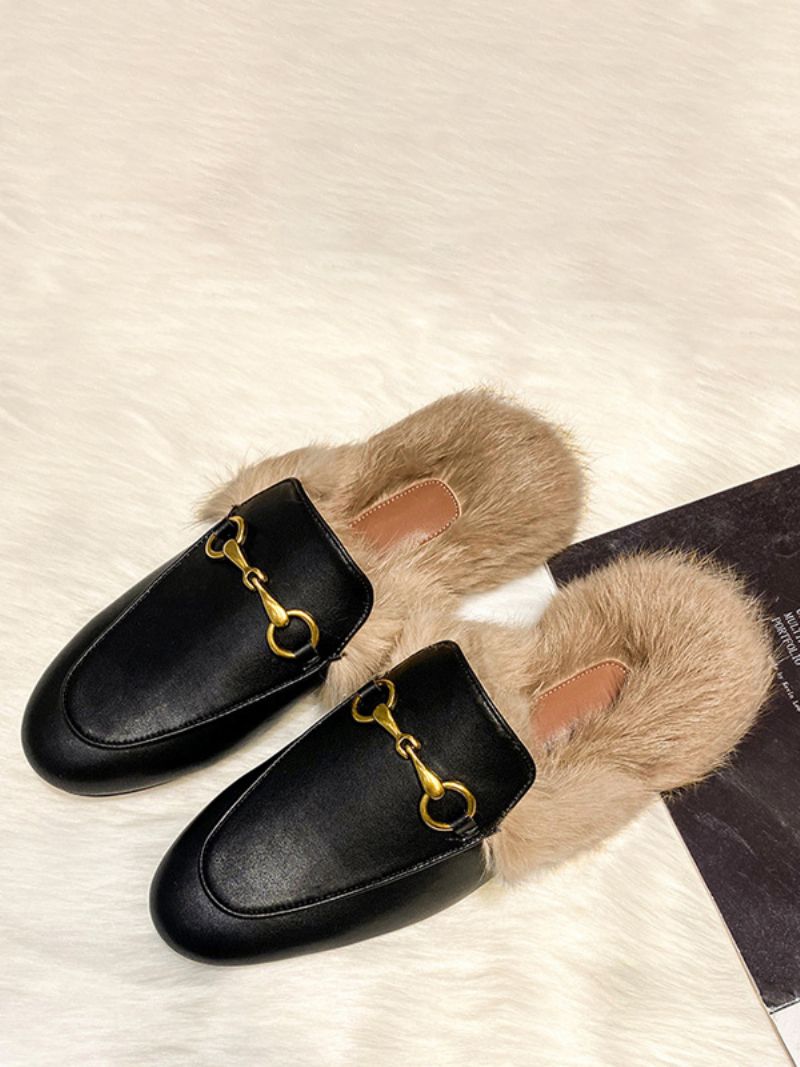 Kvinnors Mule Loafers Svart Rund Tå Fuskpäls Detalj Backless Skor