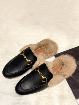 Kvinnors Mule Loafers Svart Rund Tå Fuskpäls Detalj Backless Skor