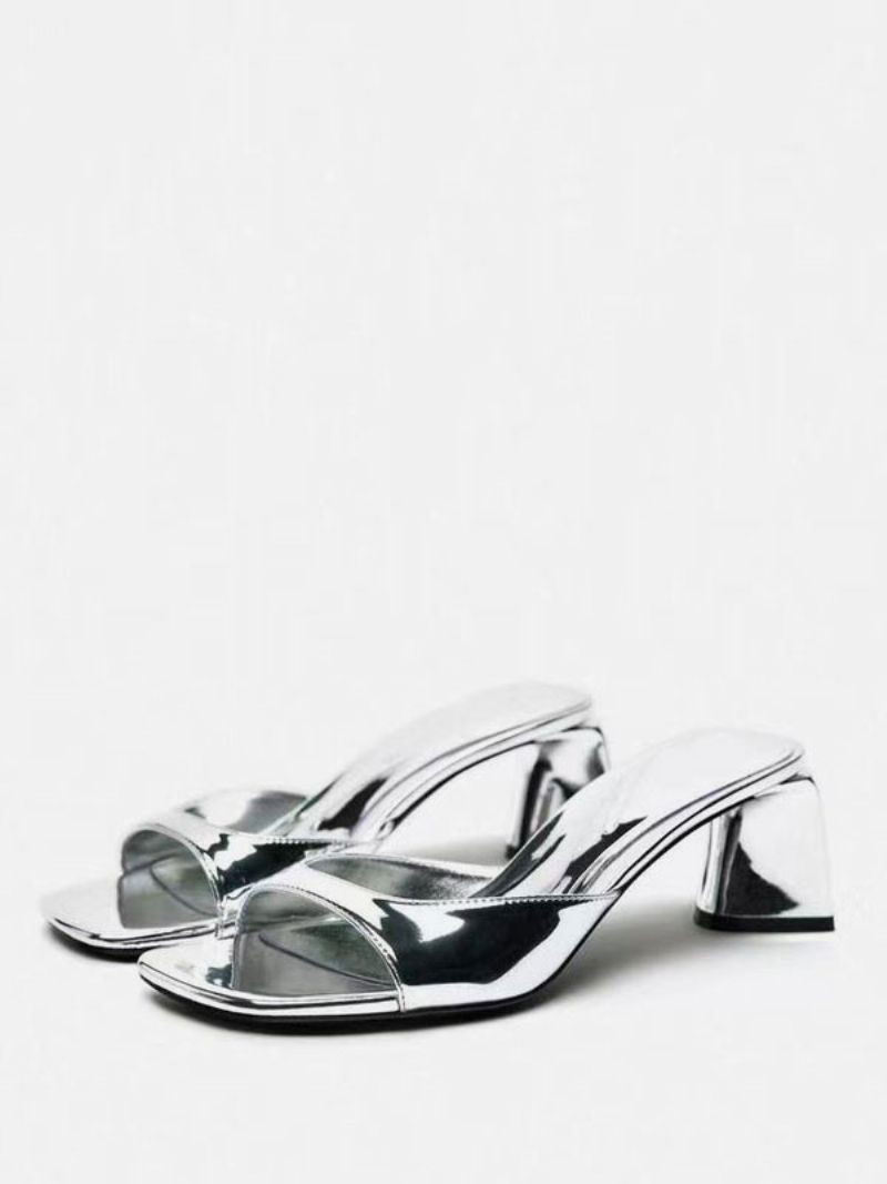 Kvinnors Öppen Tå Pu-läder Chunky Heel Slide Sandaler Silver