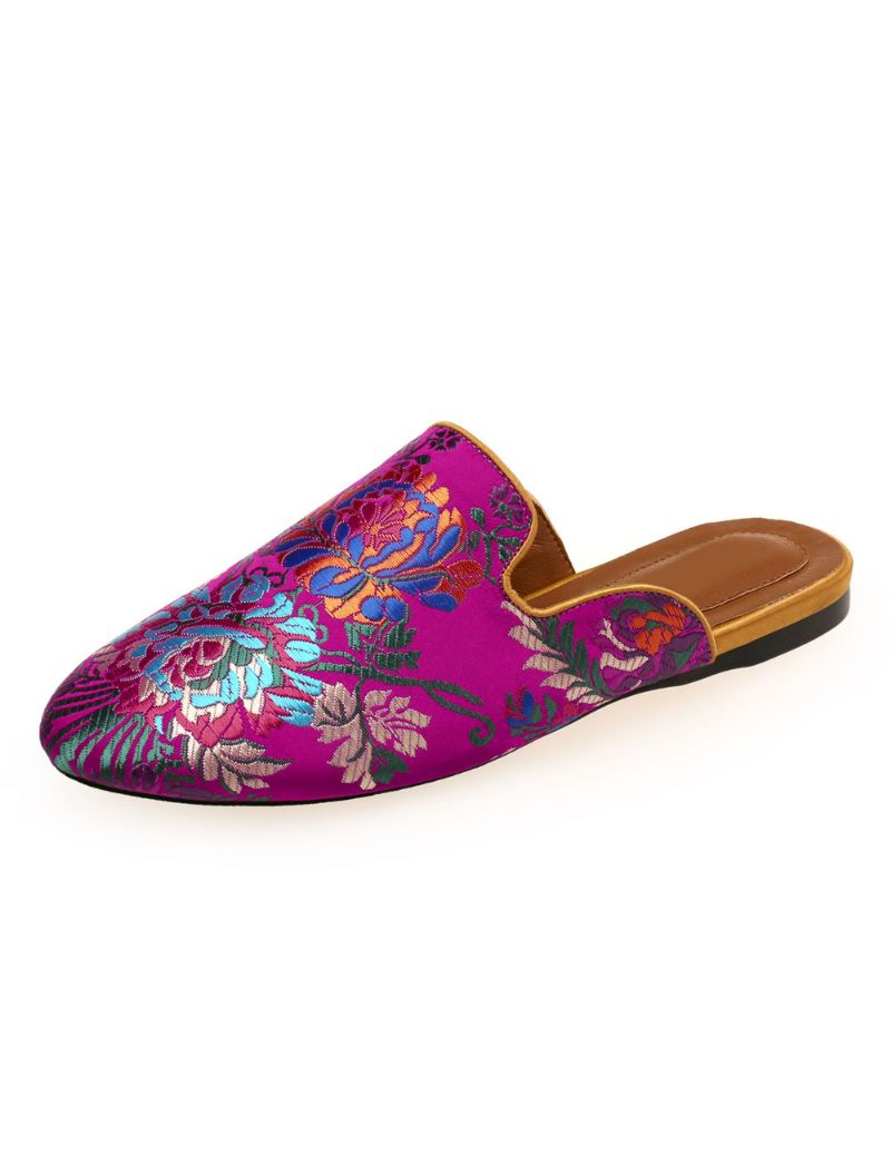 Kvinnors Satin Flat Mules Rund Toe Blommig Broderade