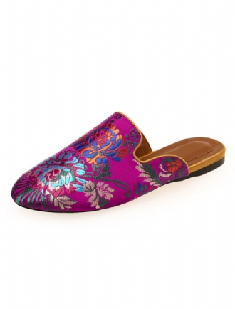 Kvinnors Satin Flat Mules Rund Toe Blommig Broderade