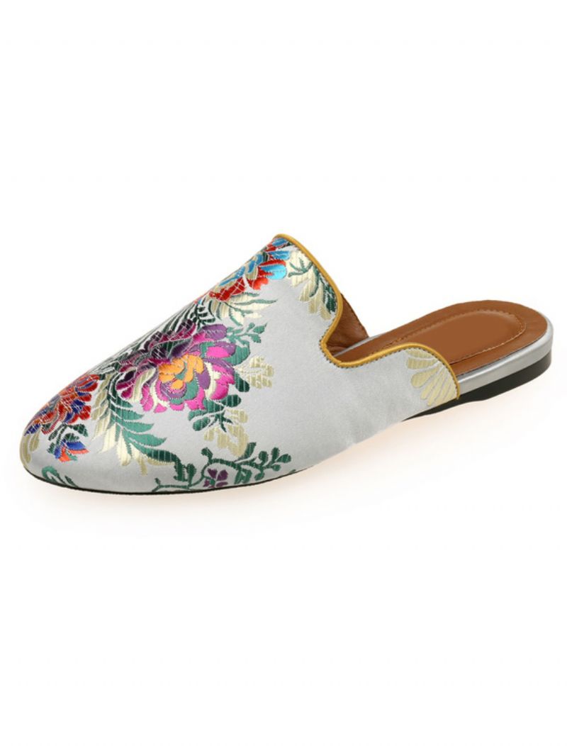 Kvinnors Satin Flat Mules Rund Toe Blommig Broderade - Ljusgrå