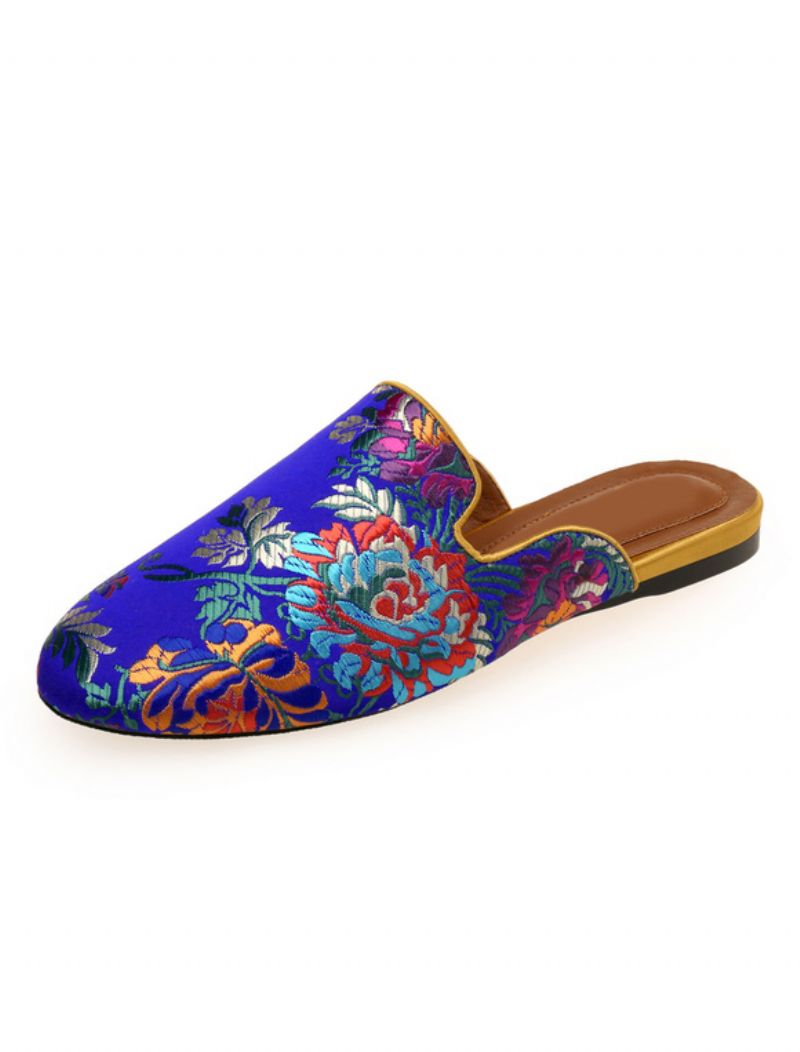 Kvinnors Satin Flat Mules Rund Toe Blommig Broderade - Blå