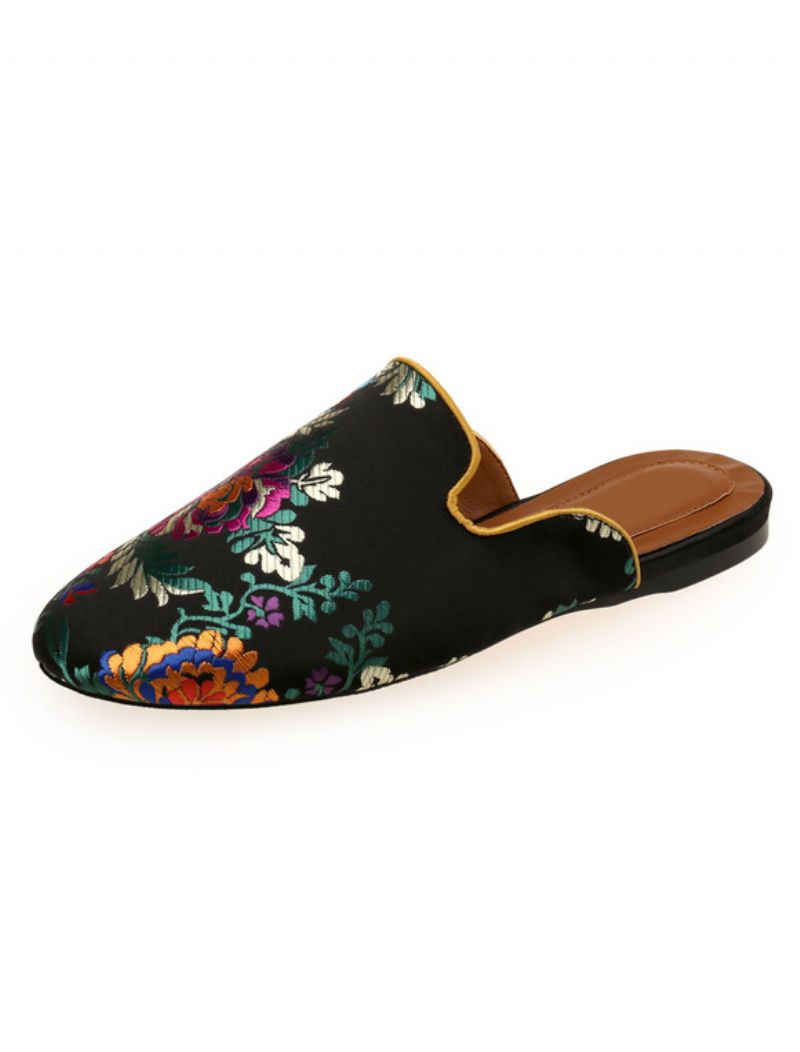 Kvinnors Satin Flat Mules Rund Toe Blommig Broderade - Svart