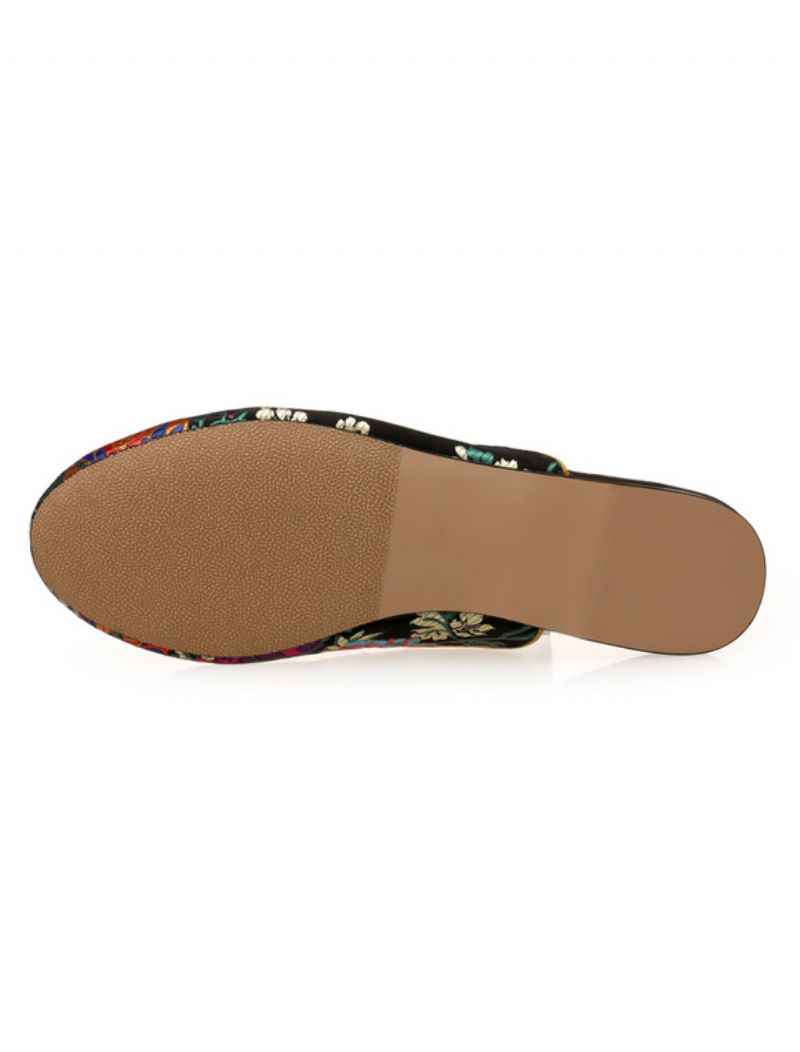 Kvinnors Satin Flat Mules Rund Toe Blommig Broderade - Svart