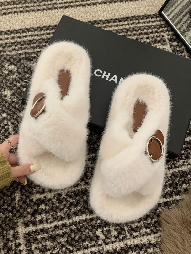 Kvinnors Spänne Peep Toe Fur Slide Sandaler Flat Ecru White