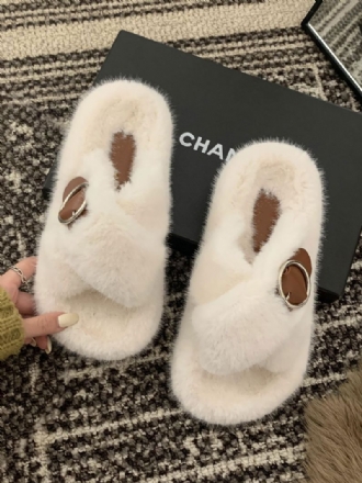 Kvinnors Spänne Peep Toe Fur Slide Sandaler Flat Ecru White