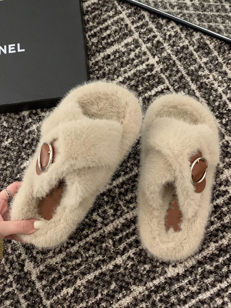 Kvinnors Spänne Peep Toe Fur Slide Sandaler Flat Ecru White - Ljusgul