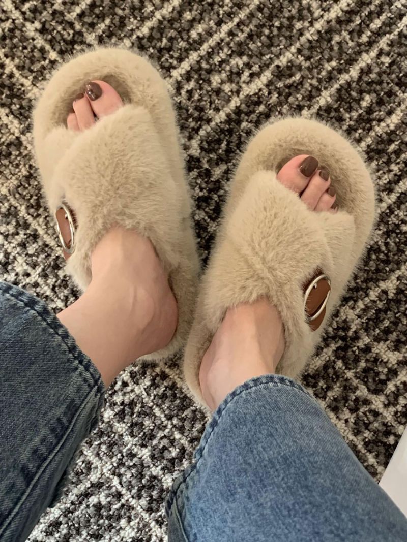 Kvinnors Spänne Peep Toe Fur Slide Sandaler Flat Ecru White - Ljusgul