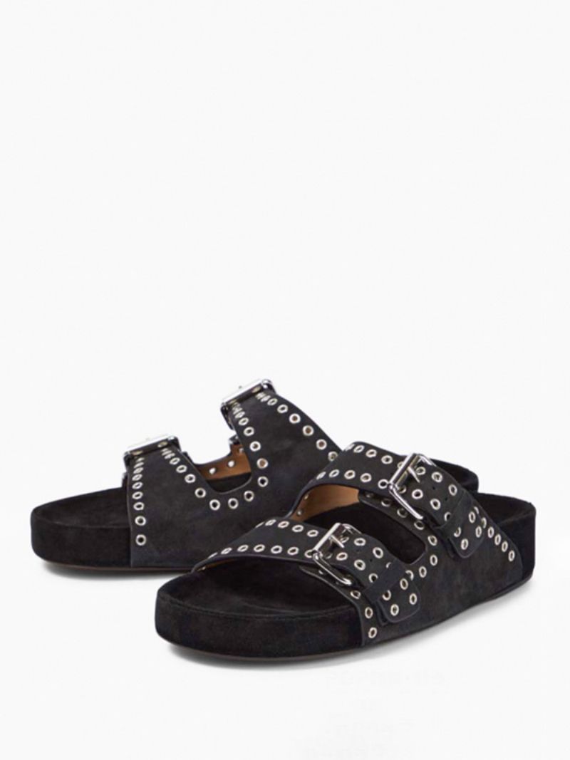 Kvinnors Svarta Sandaler Chic Spänne Nubuck Rund Tå Sandal Tofflor