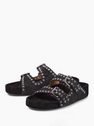 Kvinnors Svarta Sandaler Chic Spänne Nubuck Rund Tå Sandal Tofflor