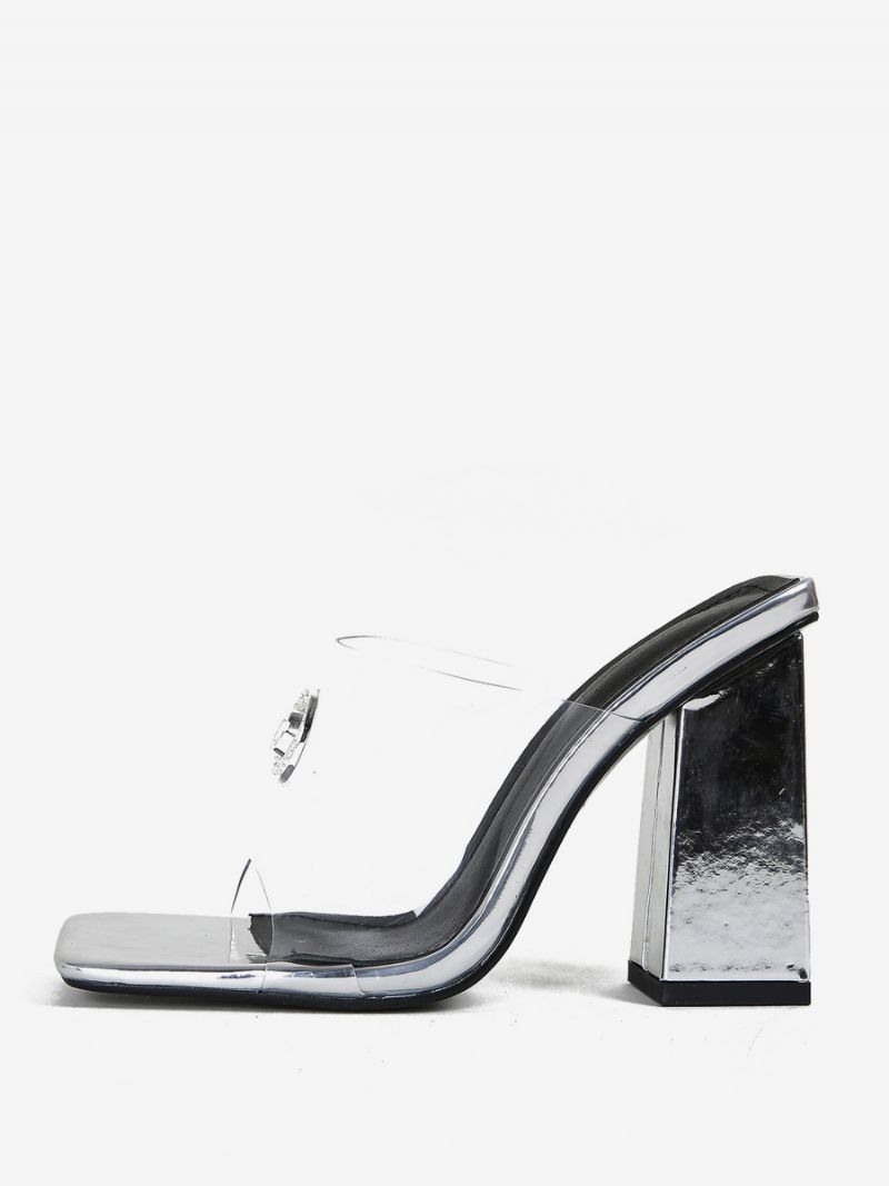 Mule Klackar För Kvinnor Pvc Övre Flip Flops Fyrkantig Tå Chunky Heel Mules - Silver