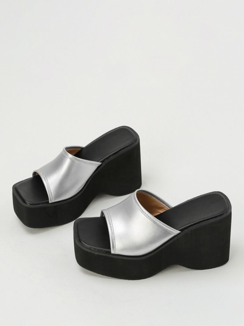 Silver Slide Sandaler Dam Metallic Platform Sandal Tofflor