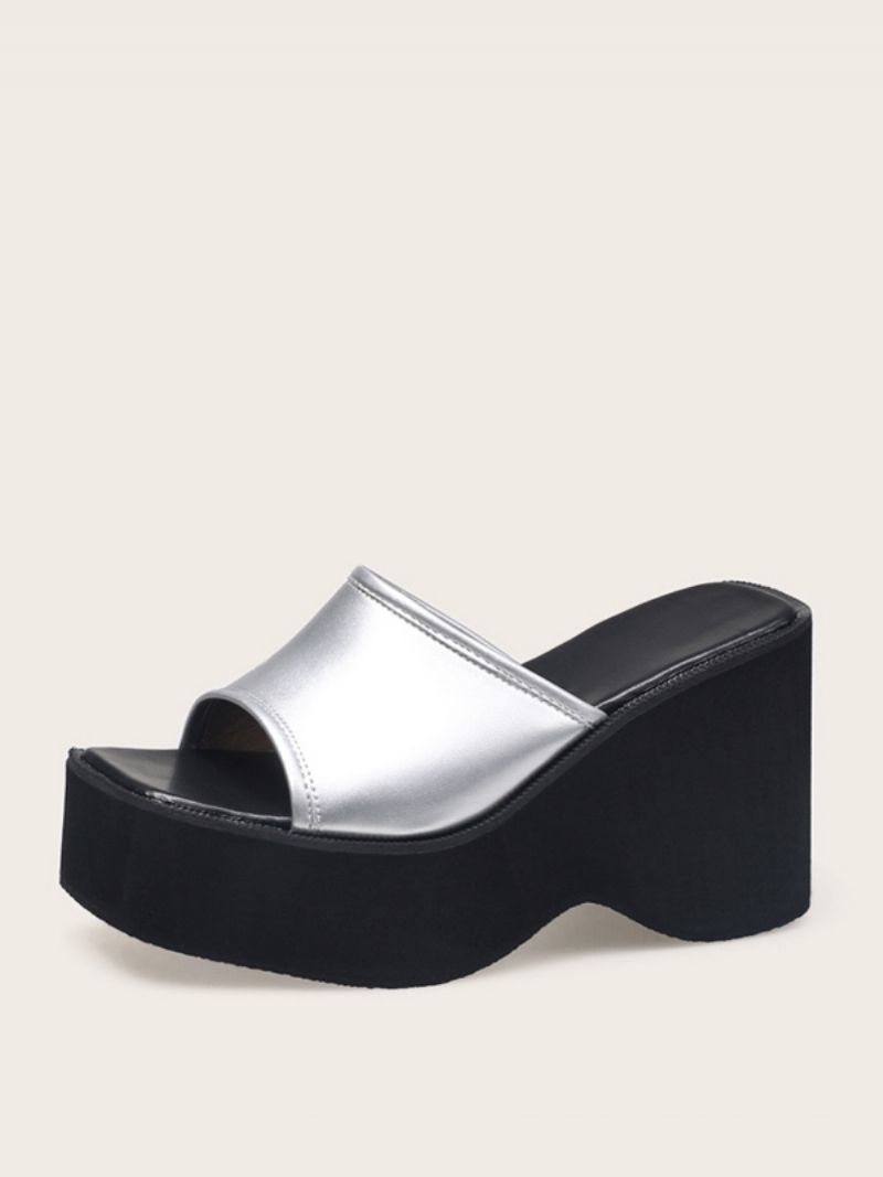 Silver Slide Sandaler Dam Metallic Platform Sandal Tofflor - Silver