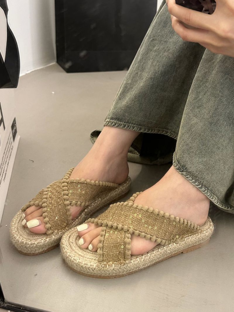 Slidesandaler För Kvinnor Bohemian Textile Woven Open Toe Flat Tofflor