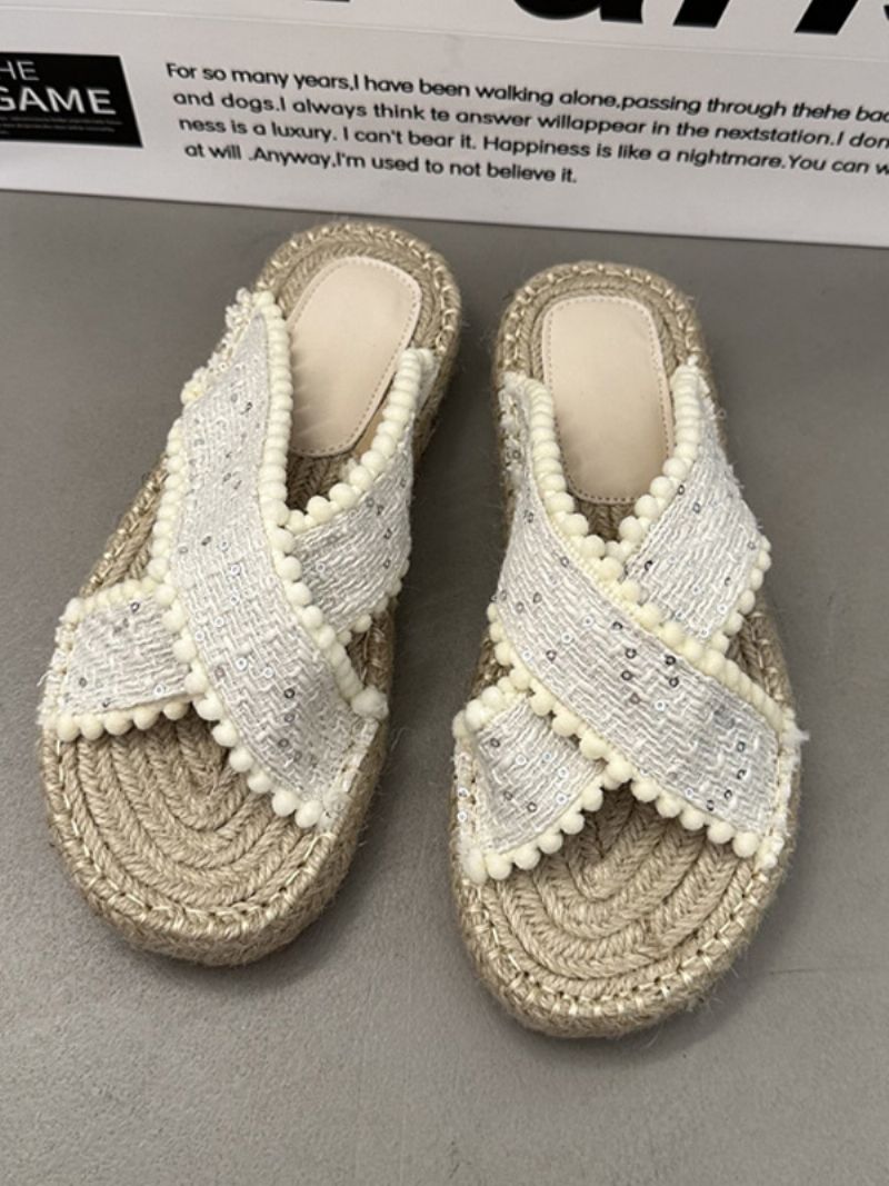 Slidesandaler För Kvinnor Bohemian Textile Woven Open Toe Flat Tofflor - Beige