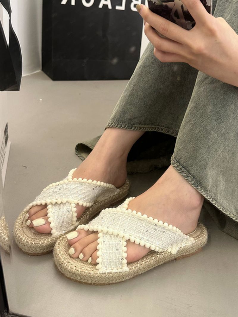 Slidesandaler För Kvinnor Bohemian Textile Woven Open Toe Flat Tofflor - Beige