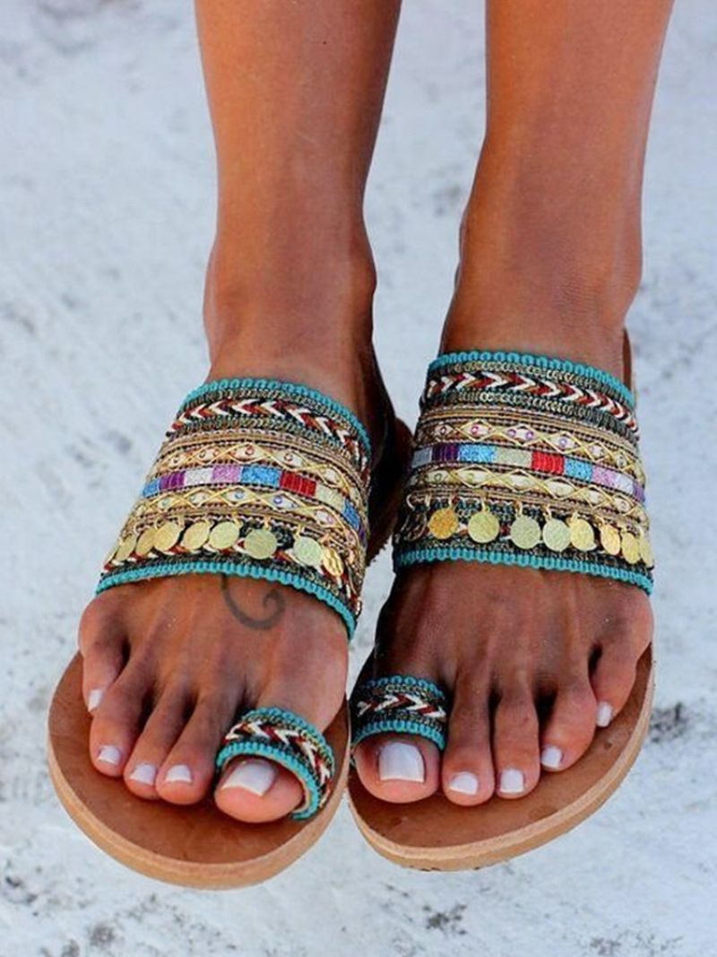 Strandsandaler För Kvinnor Boho Toe Loop Sandal Slides - Grön