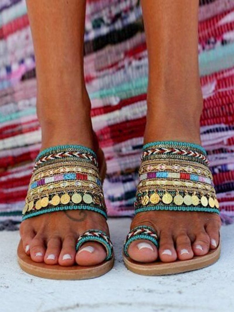 Strandsandaler För Kvinnor Boho Toe Loop Sandal Slides - Grön