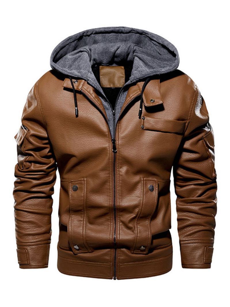 Läderjacka För Män Comfy Layered Zipper Color Block Fashion Moto Spring Coffee Brown