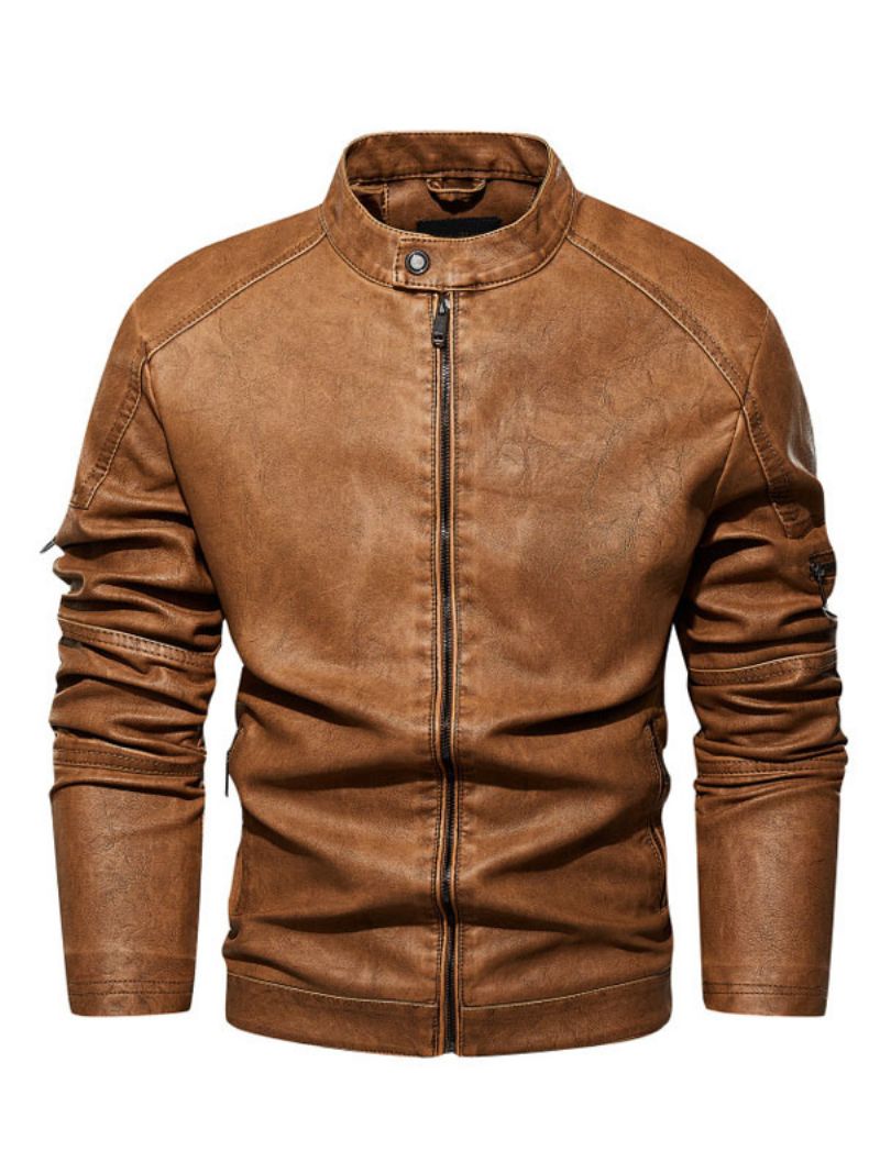 Läderjackor För Män Dragkedja Pu-läder Thicken Moto Snygg Layered Coffee Brown