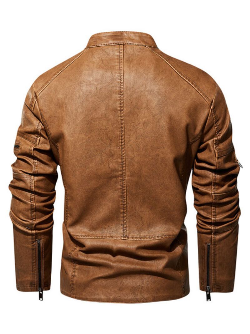 Läderjackor För Män Dragkedja Pu-läder Thicken Moto Snygg Layered Coffee Brown - Kaffe Brun