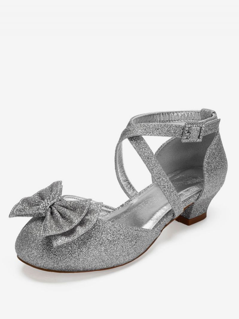 Bröllop Flower Girl Skor Glitter Bow Platta För Tjejer - Silver