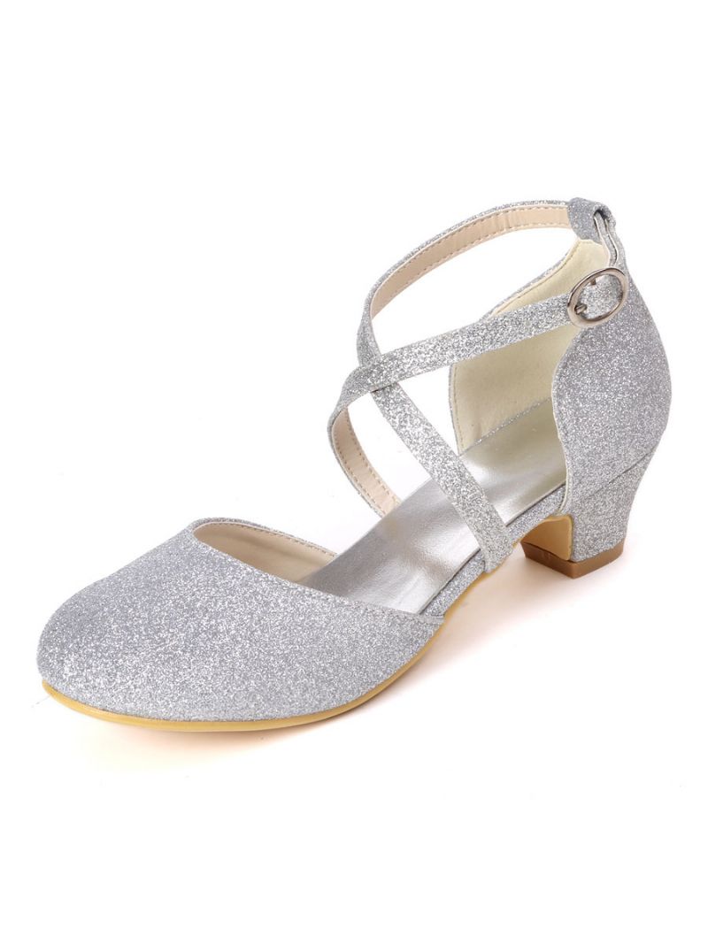 Flickor Glitter Cross Strap Kitten Heel Flower Girl Skor