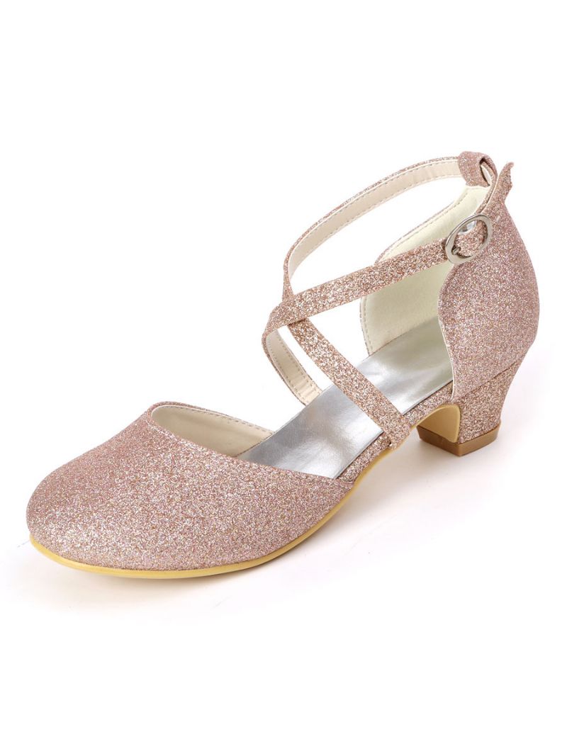 Flickor Glitter Cross Strap Kitten Heel Flower Girl Skor - Champagne